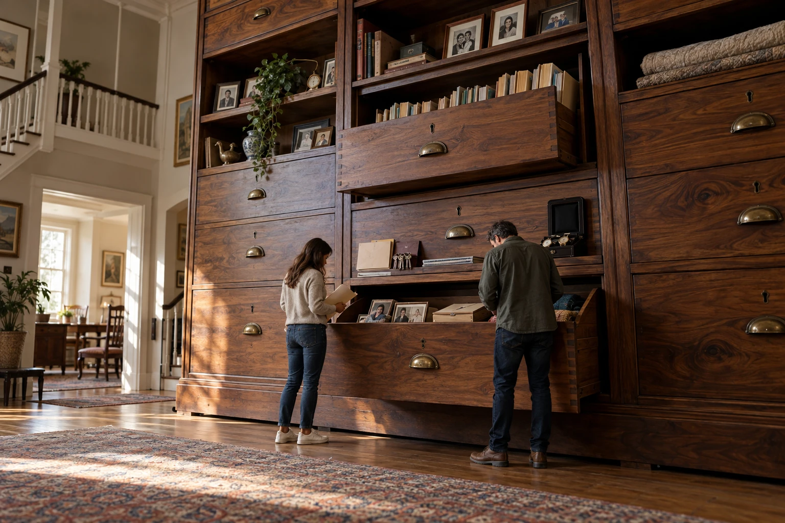 Two adult siblings stand beside a monumental walnut sideboard, dwarfed by the everyday belongings their family has accumulated.