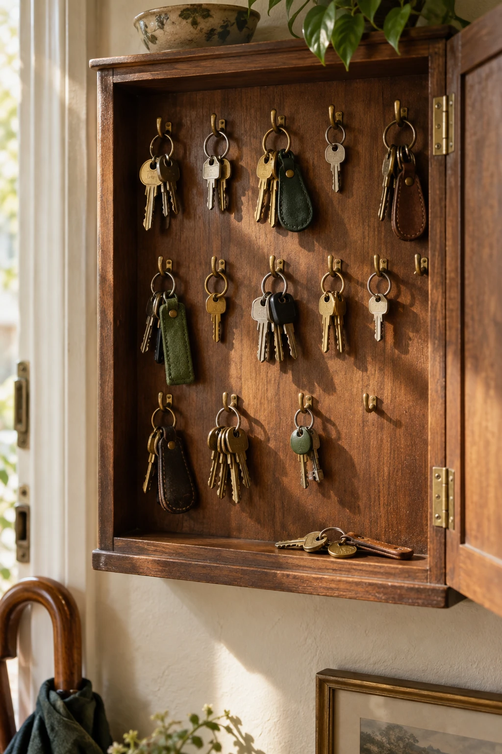 An overfull household key rack, with many different keys and no clear way to tell which one opens what.