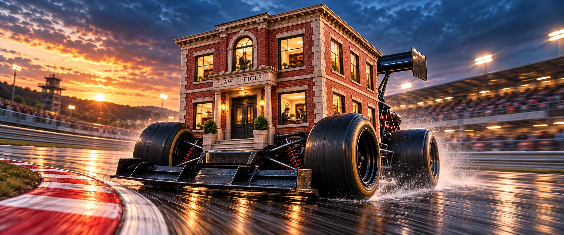 The inhabited brick law office from the starting line races through a bend on its open-wheel chassis, with warm office windows and a trail of spray from the wet circuit.