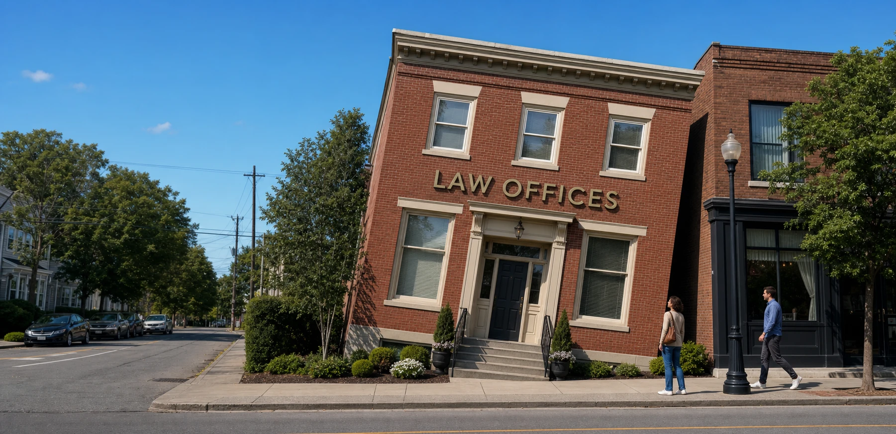 An intact red-brick neighborhood law office leans sharply while the surrounding street, lamppost, and neighboring building remain upright