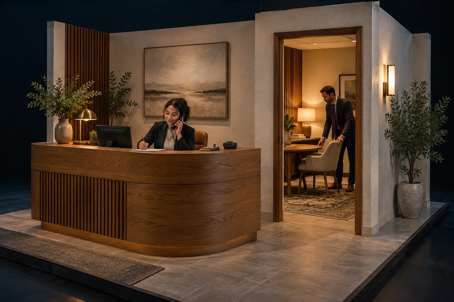 A staff member answers a call while an attorney prepares the adjoining consultation room.