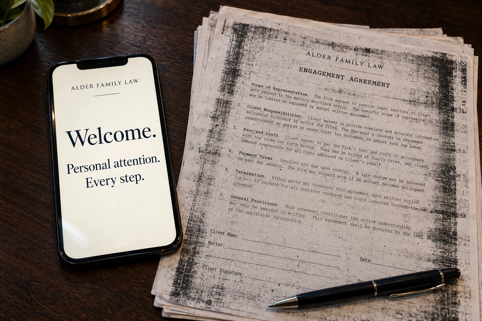 A pristine phone displays Alder Family Law's welcome: 'Personal attention. Every step.' Beside it lies the firm's crooked, heavily degraded photocopied engagement agreement.
