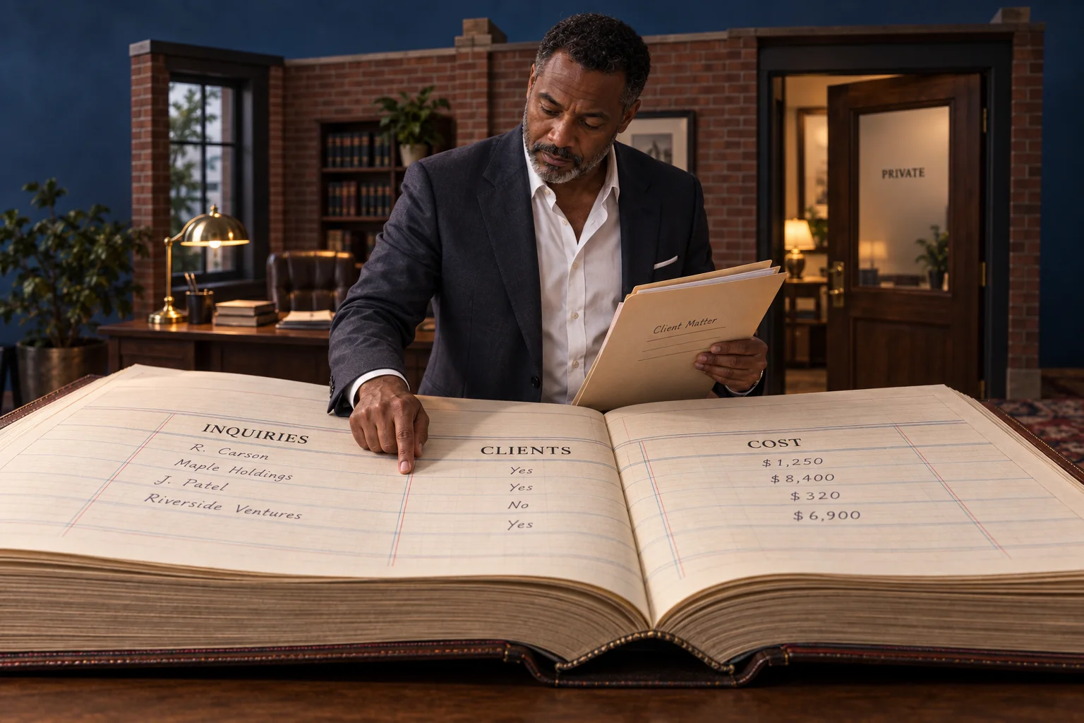 A firm owner matches a client folder with inquiries, clients, and costs in an oversized ledger.