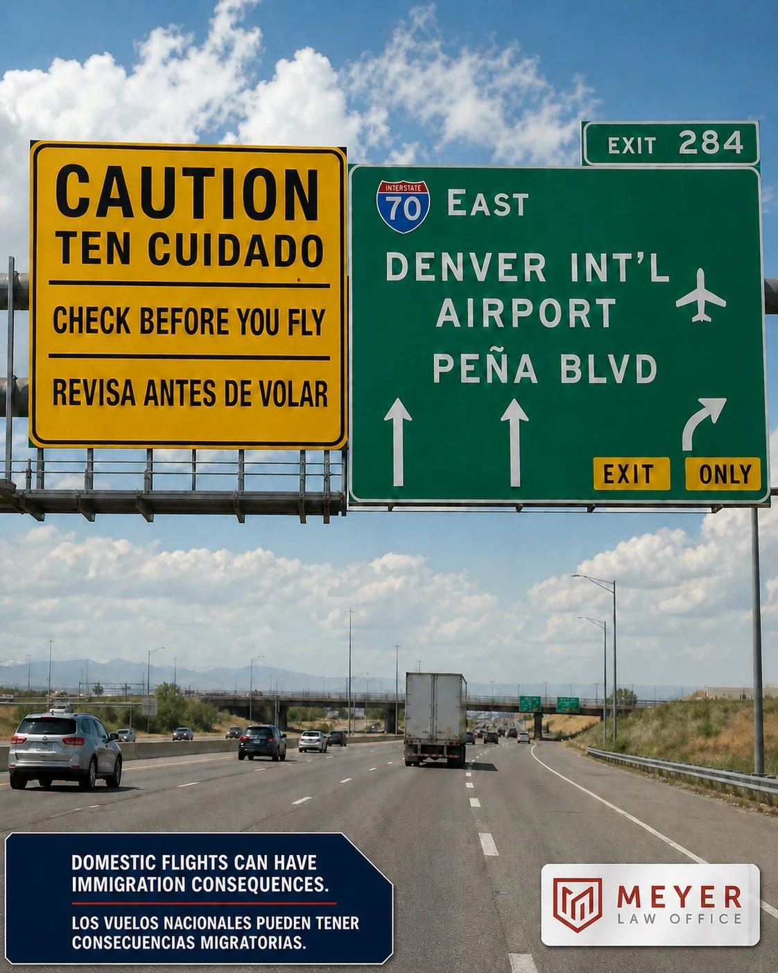 Bilingual Meyer Law Office travel-awareness graphic with a yellow Check Before You Fly sign beside Denver airport highway signs under a blue sky