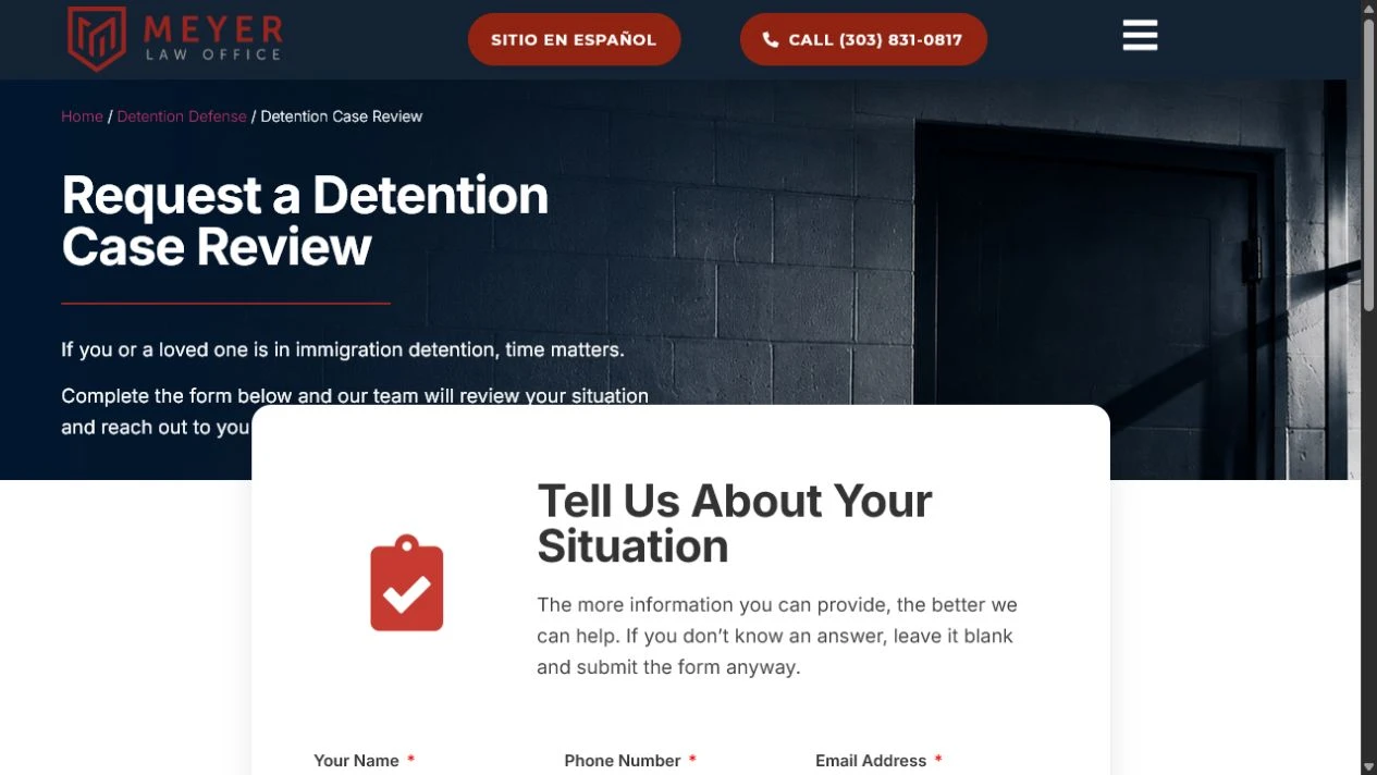 Meyer Law Office detention case-review form with contact fields and case questions