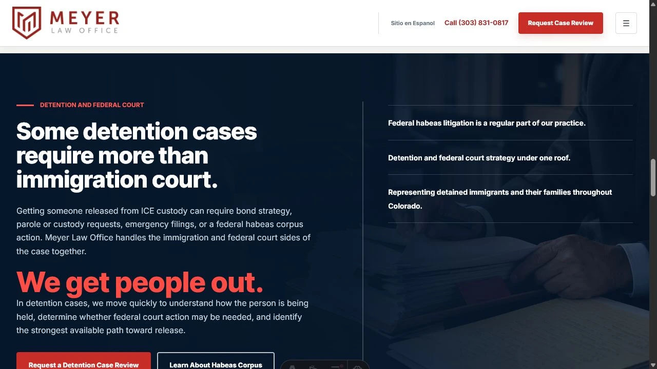 Meyer Law Office detention litigation page with case-review and habeas corpus actions