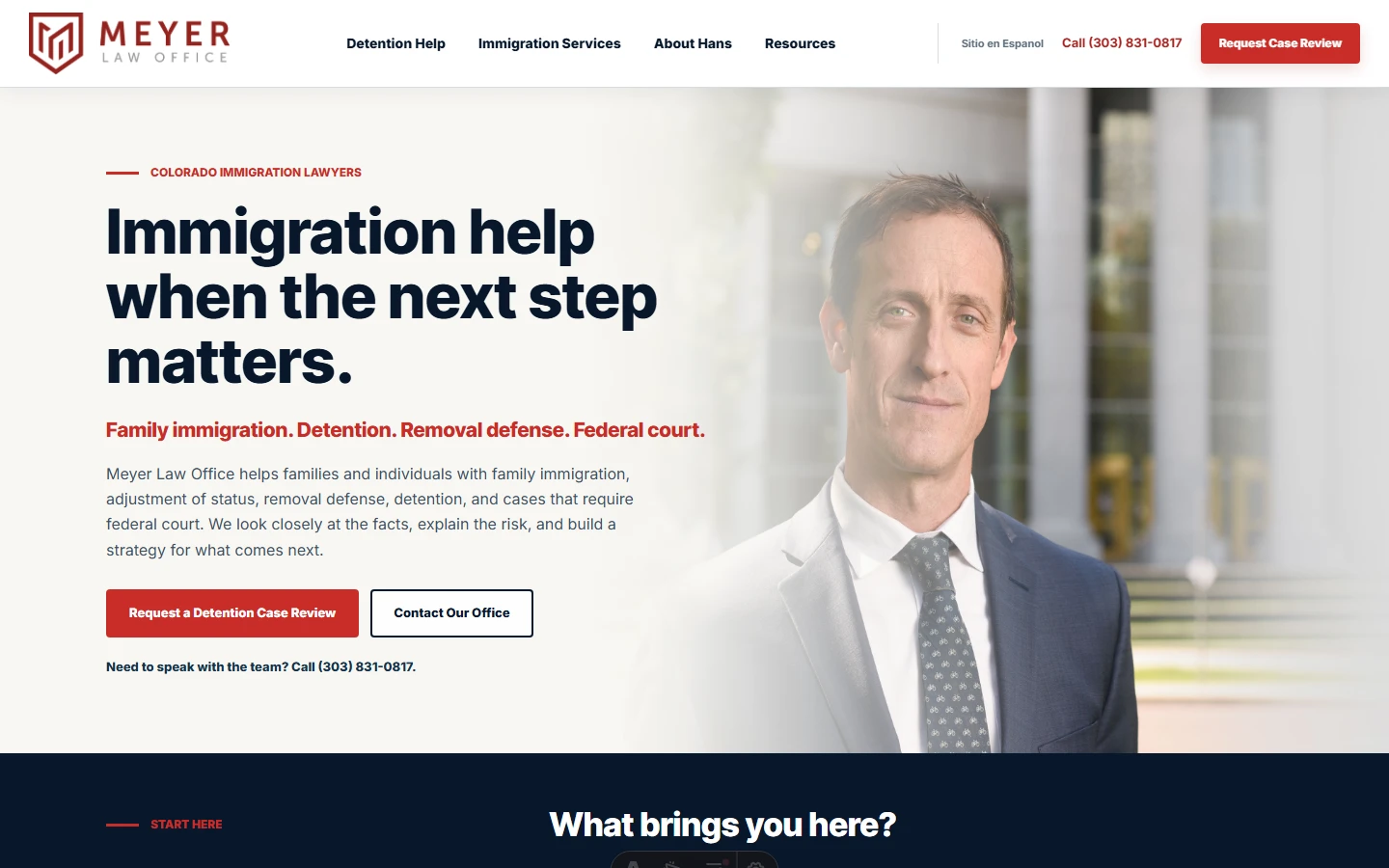 Meyer Law Office homepage with immigration positioning and a detention case-review action