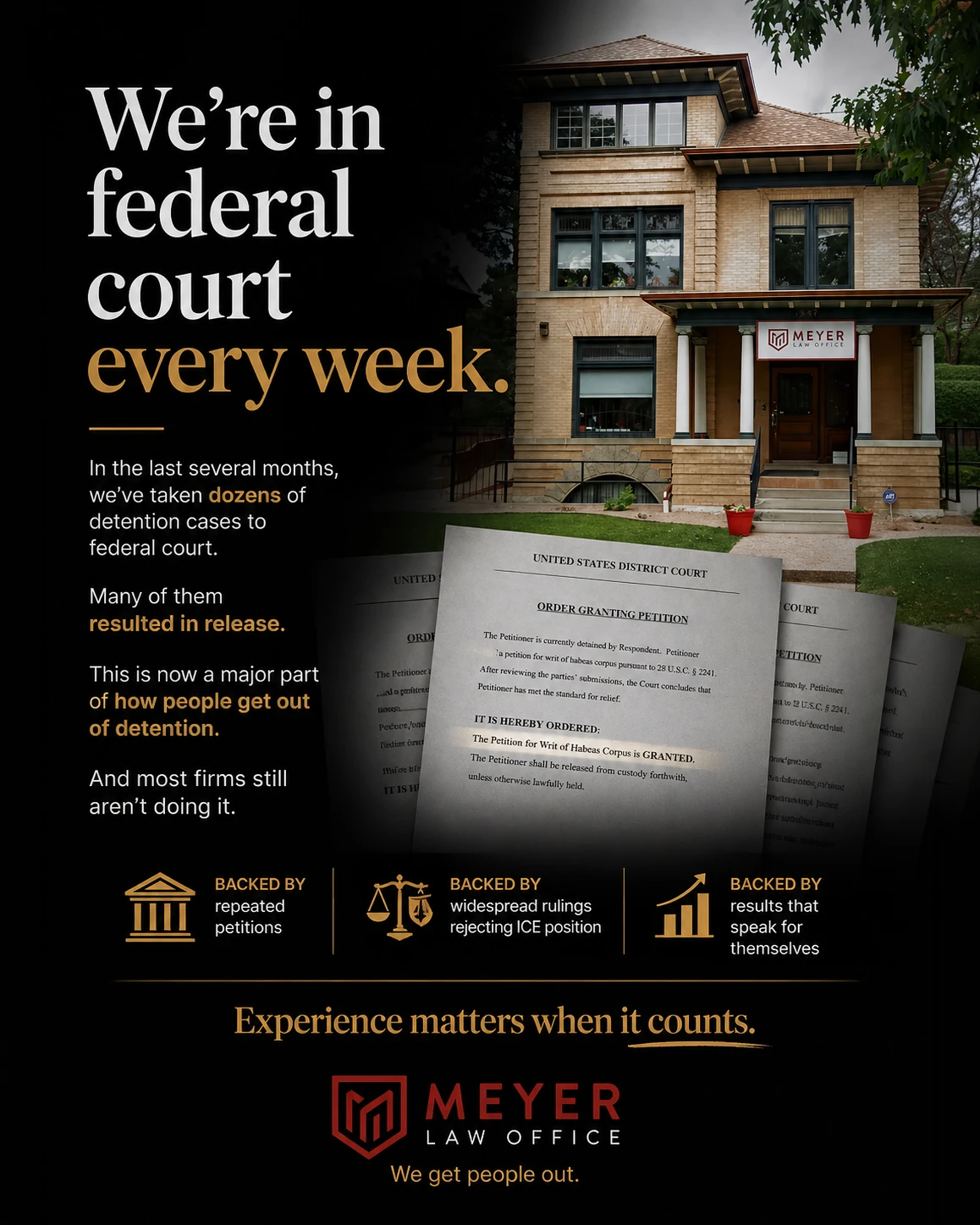 Meyer Law Office campaign artwork stating that the firm is in federal court every week