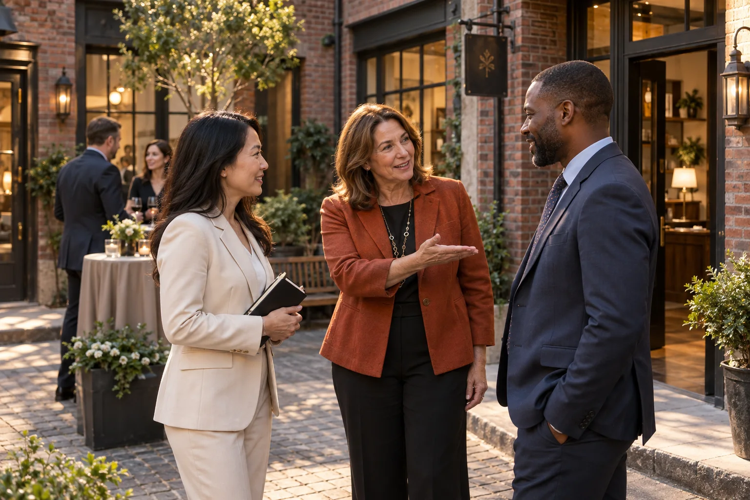A host introduces an attorney to another guest in a brick courtyard.