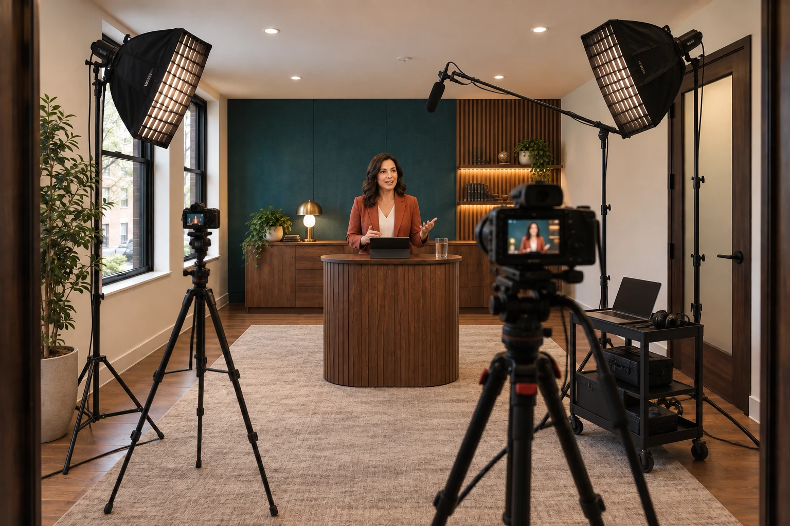 The same law-firm room transformed into an in-office studio, equipped for live broadcasts and short video recordings.