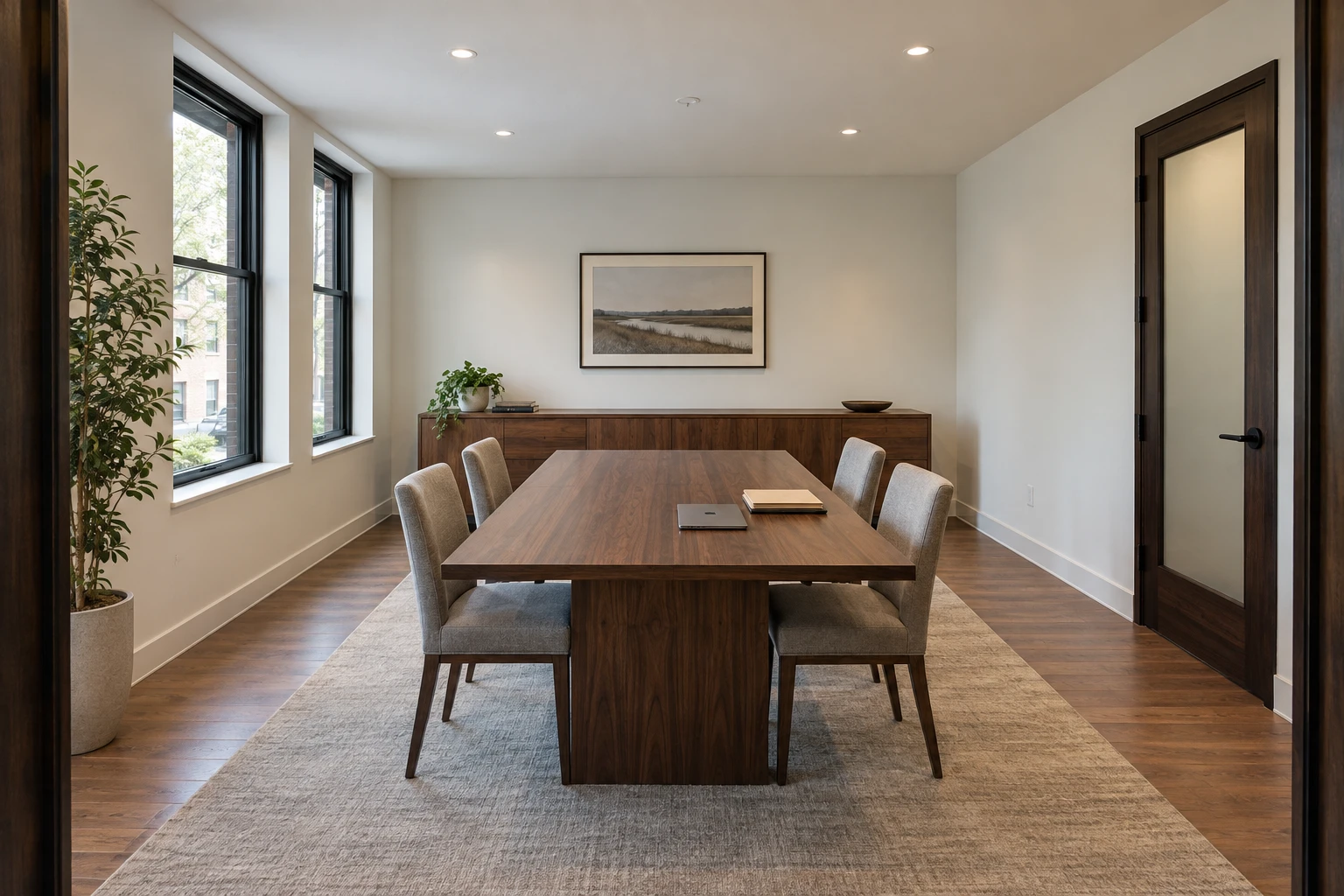 An underused law-firm conference room before its conversion into a video studio.