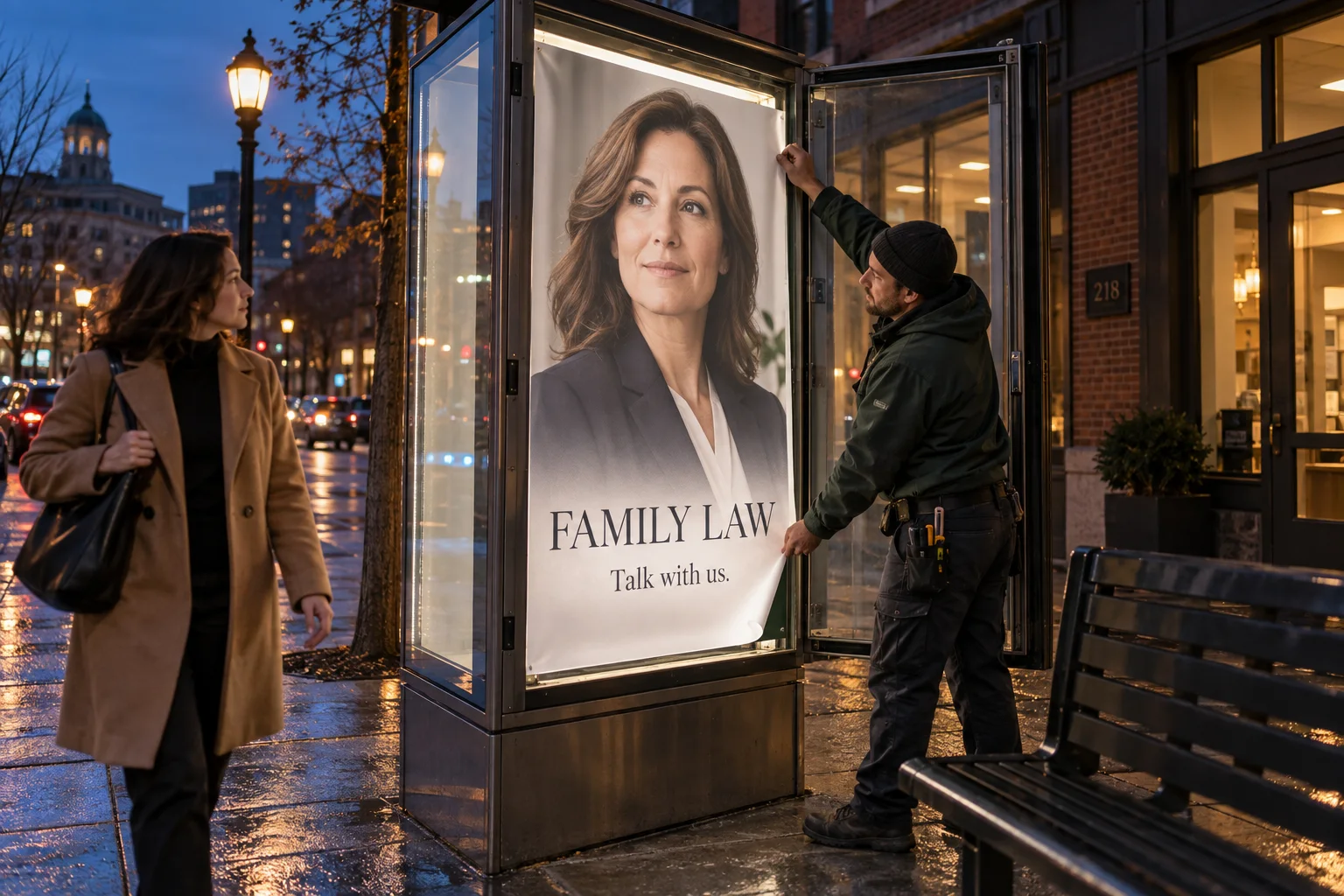 A worker installs a law-firm advertisement in an illuminated transit-shelter panel.