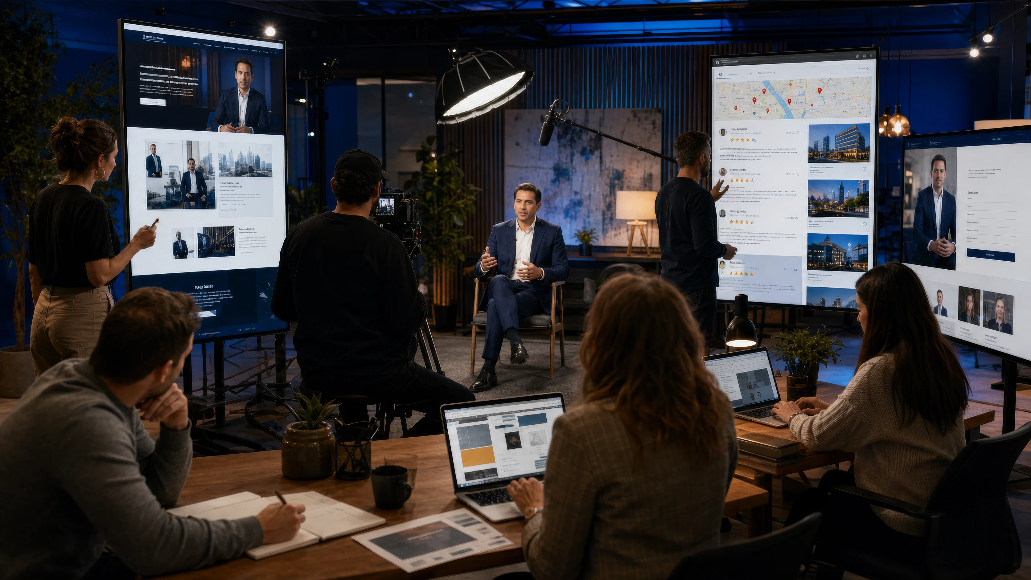 A coordinated team filming an attorney while building the firm’s website, search presence, and inquiry path