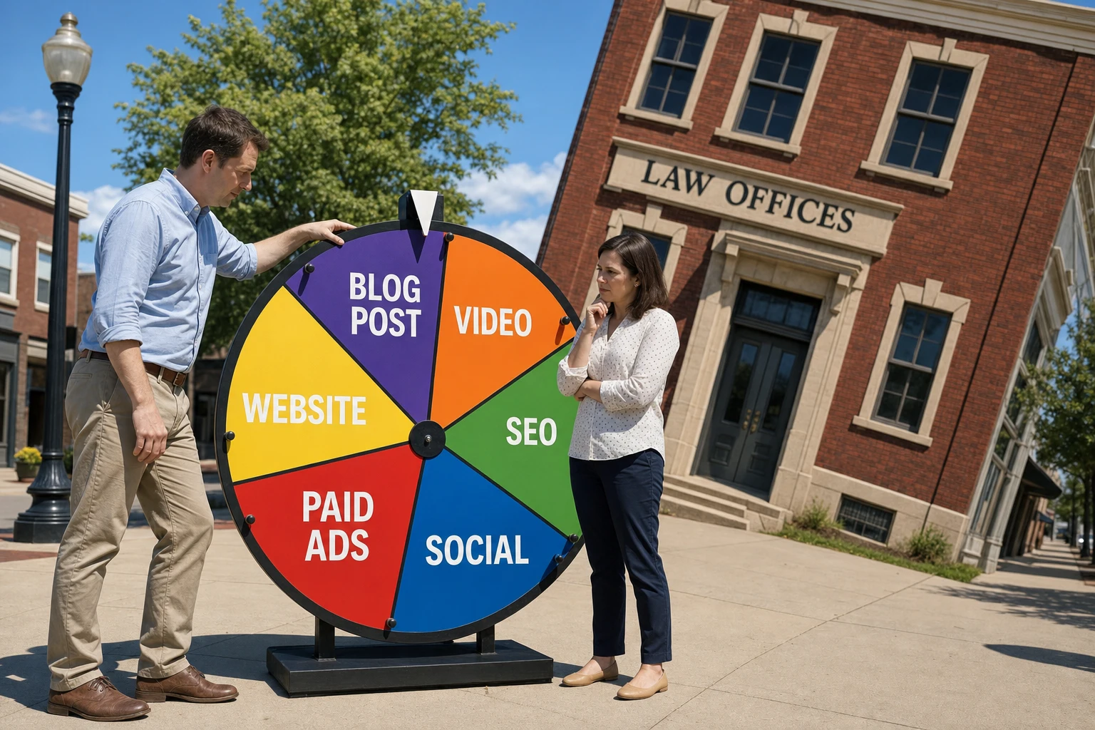 Two law-firm decision-makers prepare to spin a wheel labeled with disconnected marketing activities while their law office tilts behind them