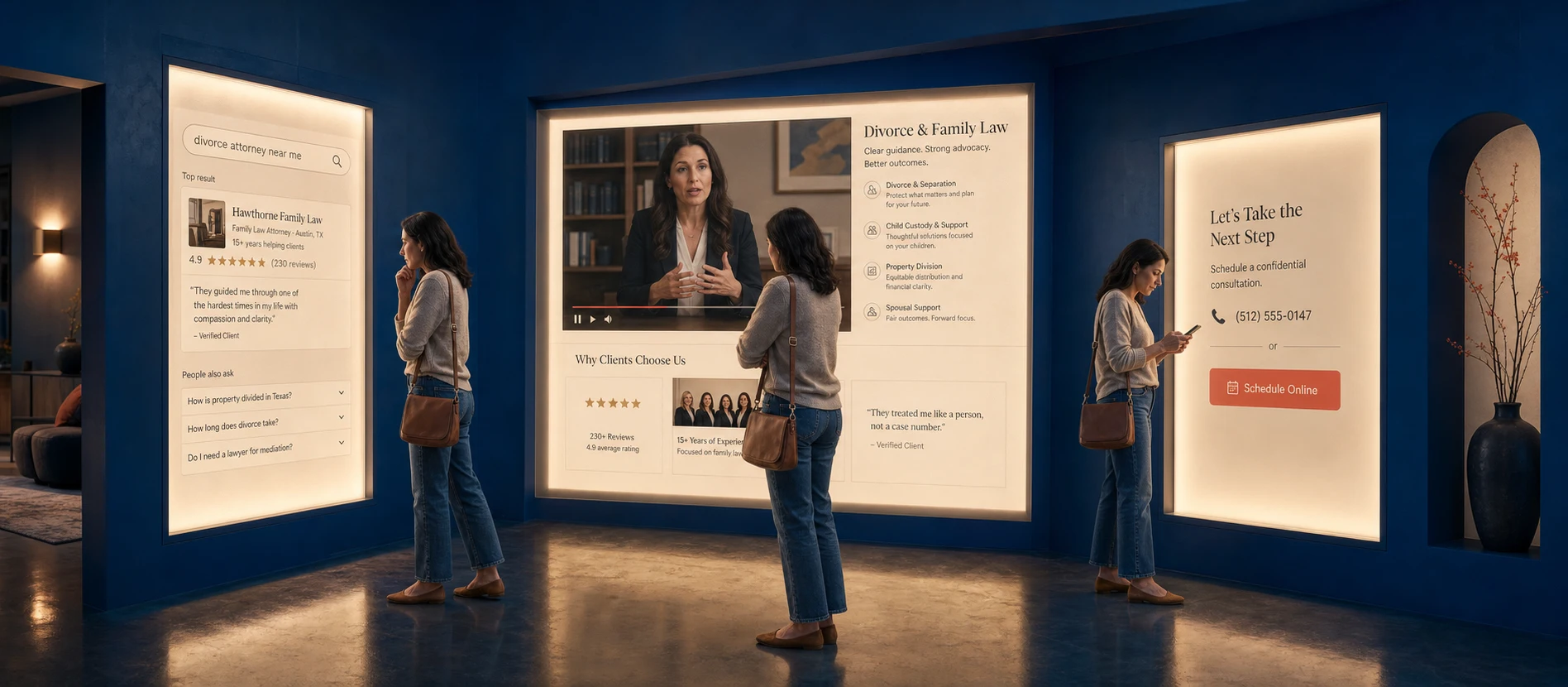 The same prospective client moves through search and reviews, an attorney video and practice information, and a final contact step in a continuous cobalt room
