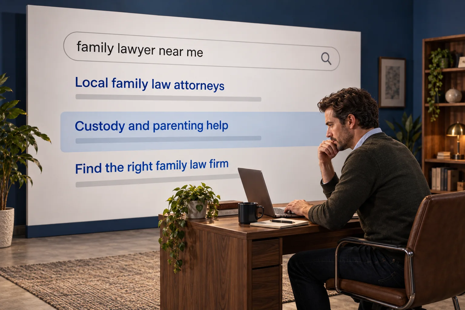 A person searching for a family lawyer sits beside an enlarged search-results display.