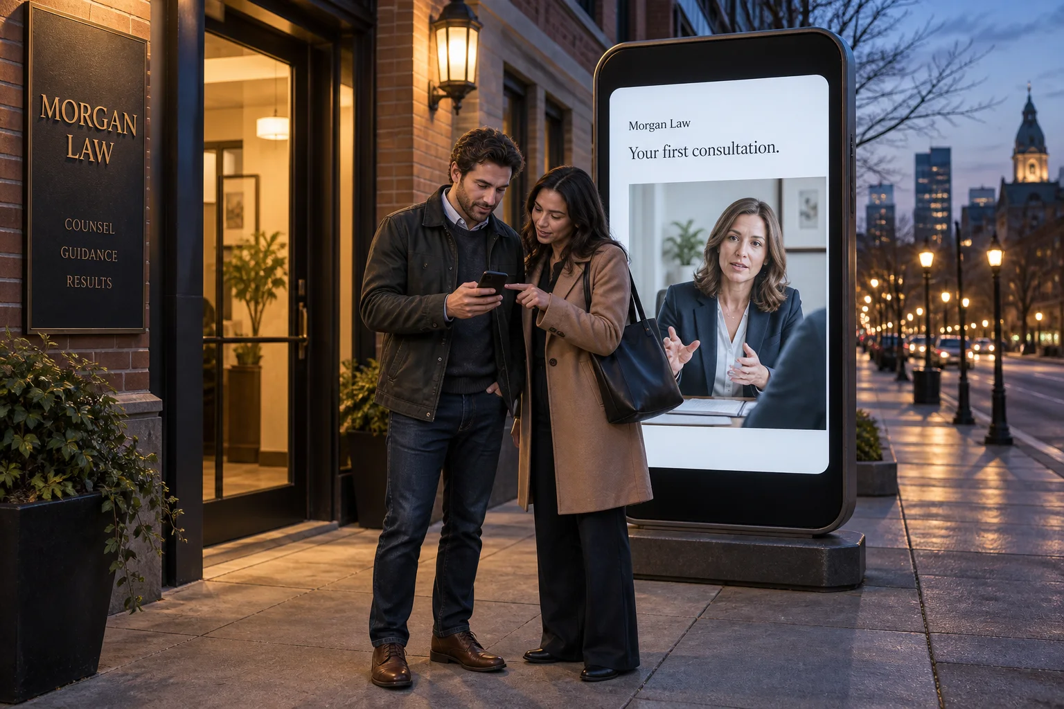 Two people discuss an attorney’s post beside an oversized phone-shaped display.