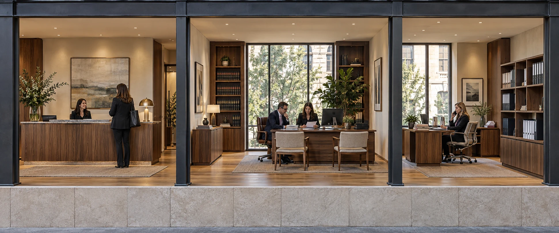 A continuous law-office ground floor with reception, attorneys reviewing work, and a colleague handling calls.