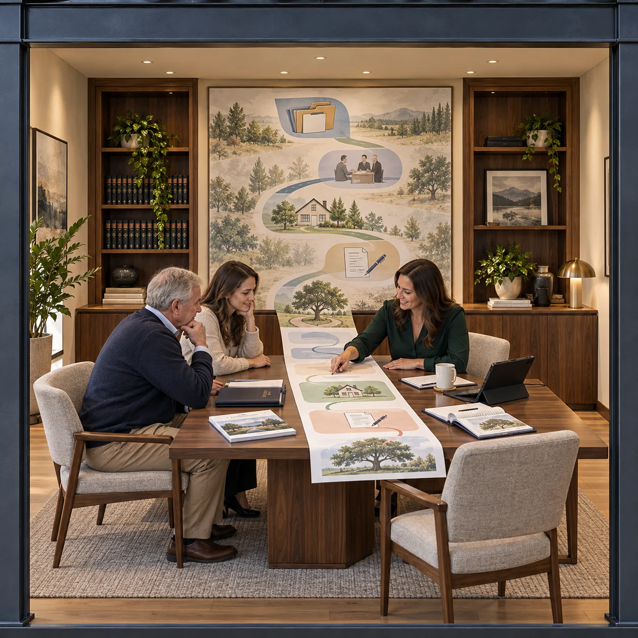 A coordinator guides a father and daughter through a large illustrated roadmap, with preparation materials they can revisit.