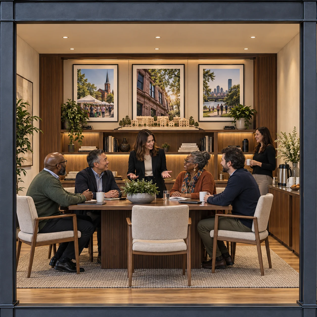 An attorney hosts a community roundtable, introducing professionals gathered around a table.
