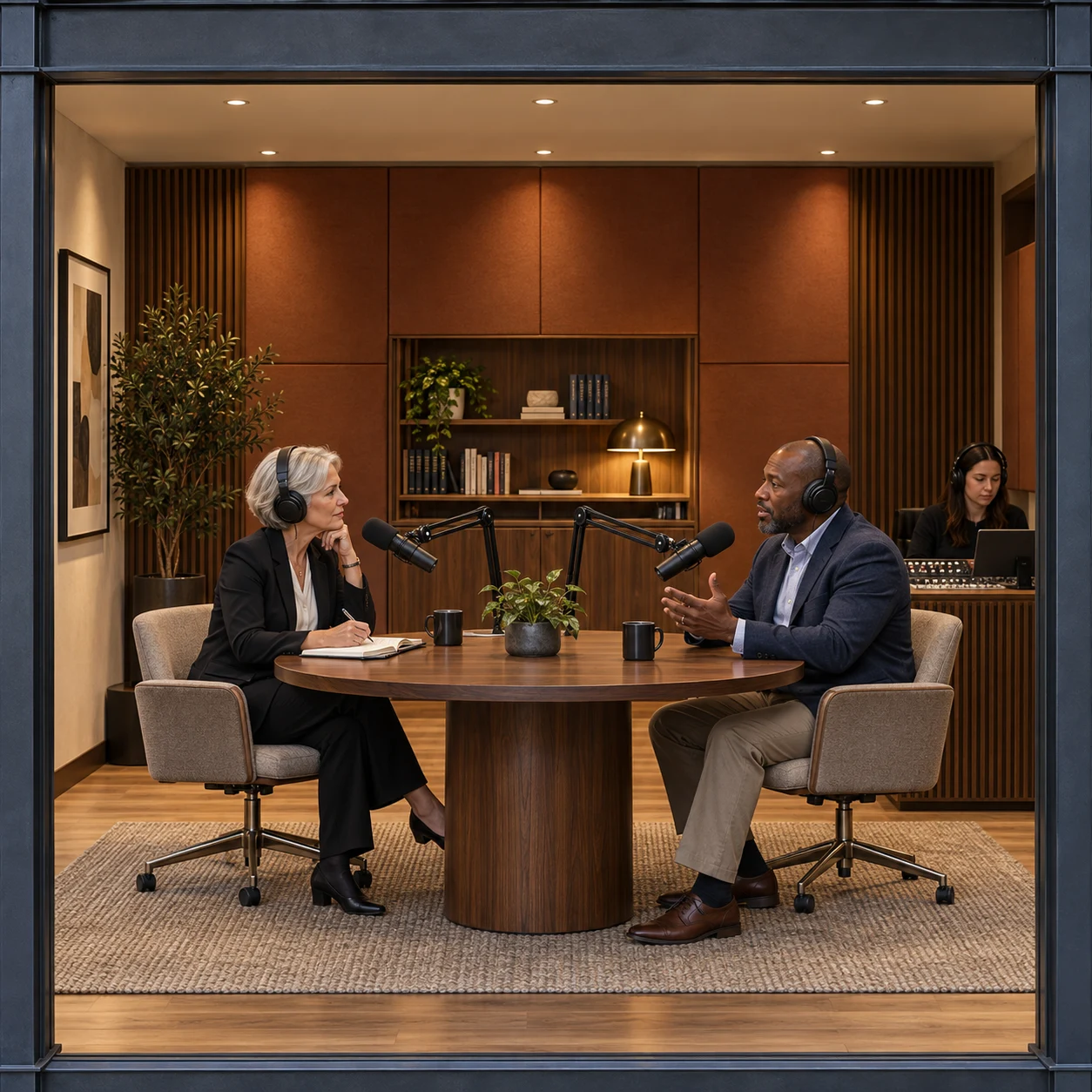 A silver-haired attorney interviews a guest at broadcast microphones while a producer monitors the recording.