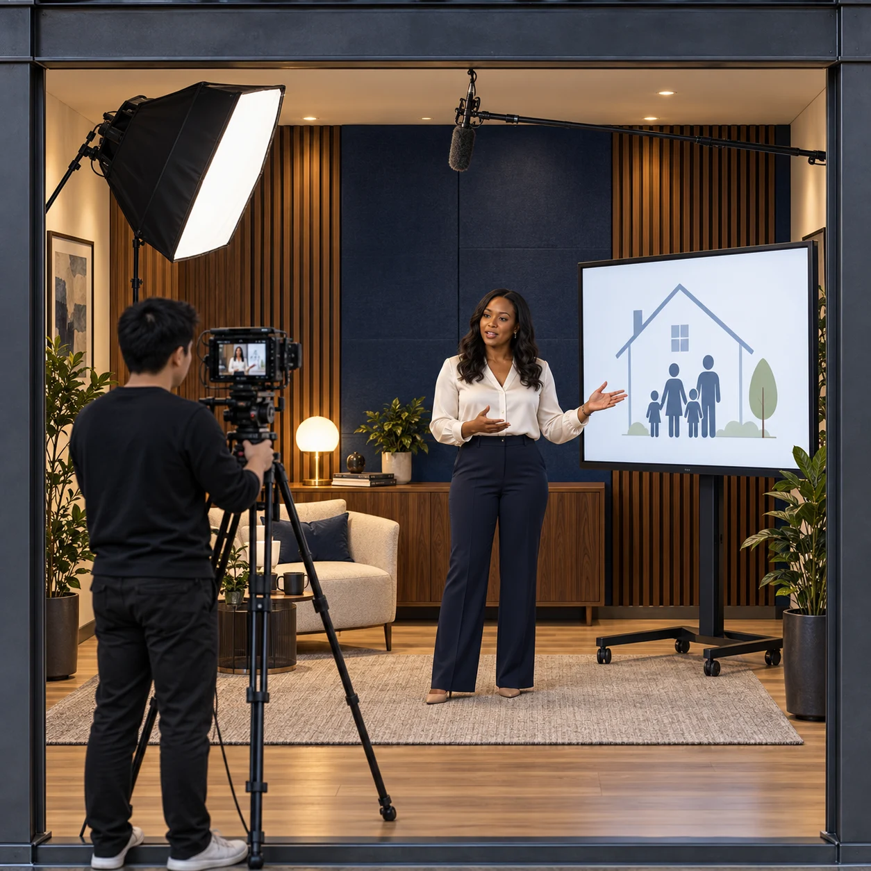 An attorney explains a house-and-family diagram on camera in a fully equipped video studio.