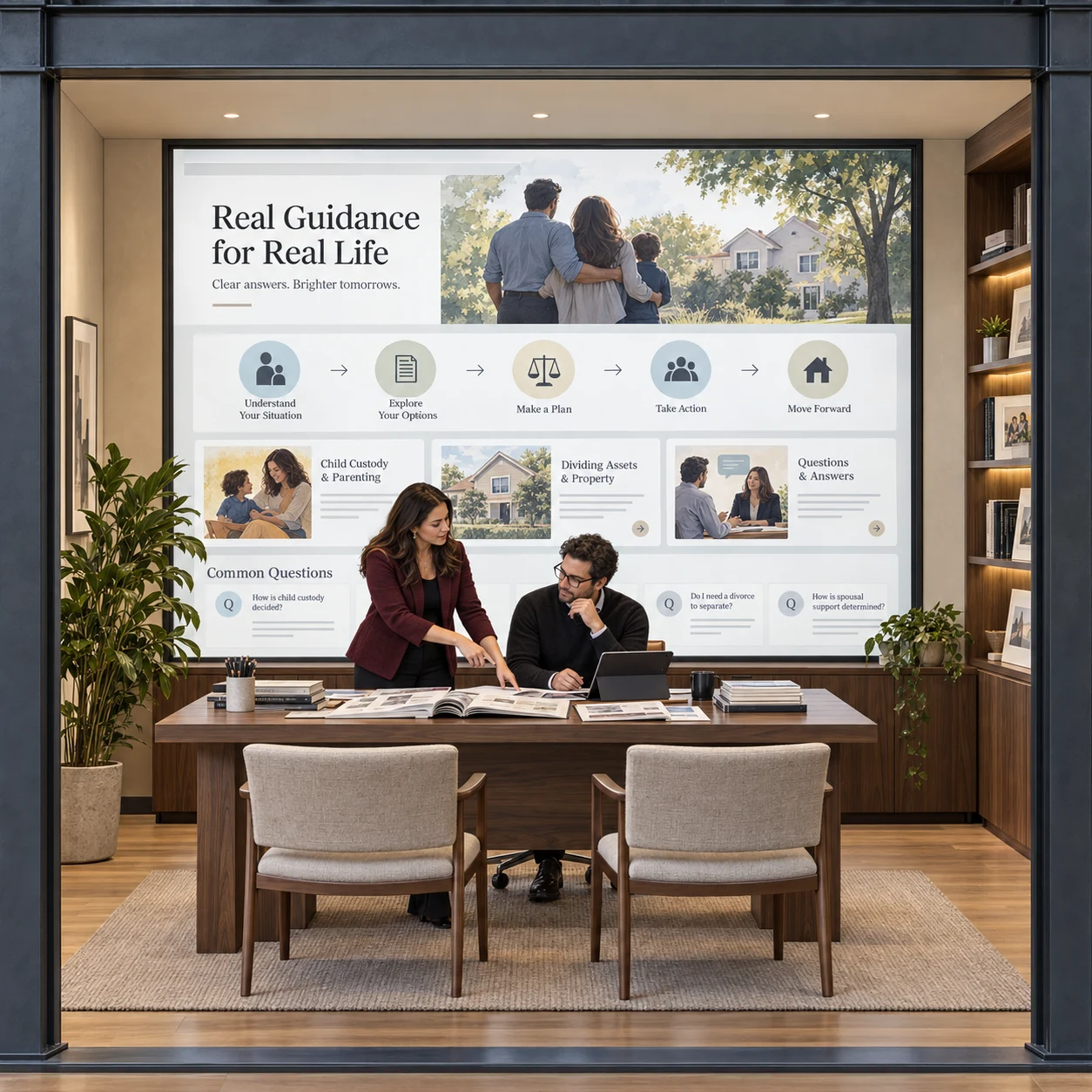 An attorney and designer develop illustrated guides in front of a wall-sized legal learning website.