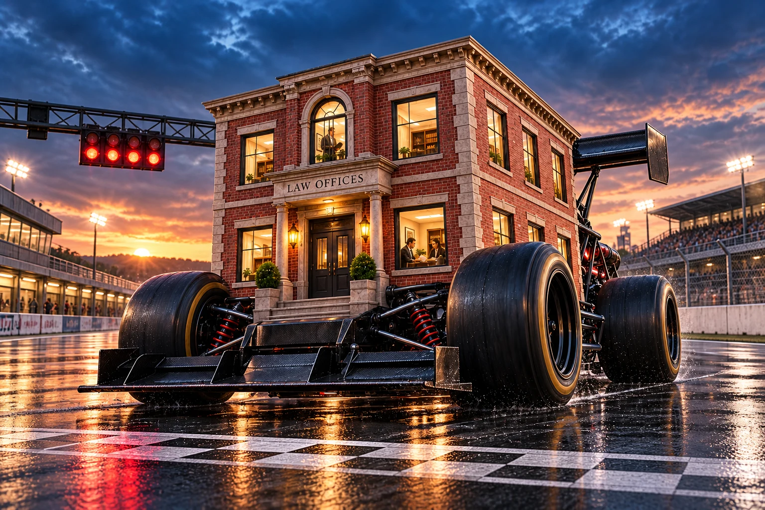 An inhabited brick law office built onto an open-wheel racing chassis waits at the starting line beneath red starting lights. Attorneys work inside its warmly lit windows.