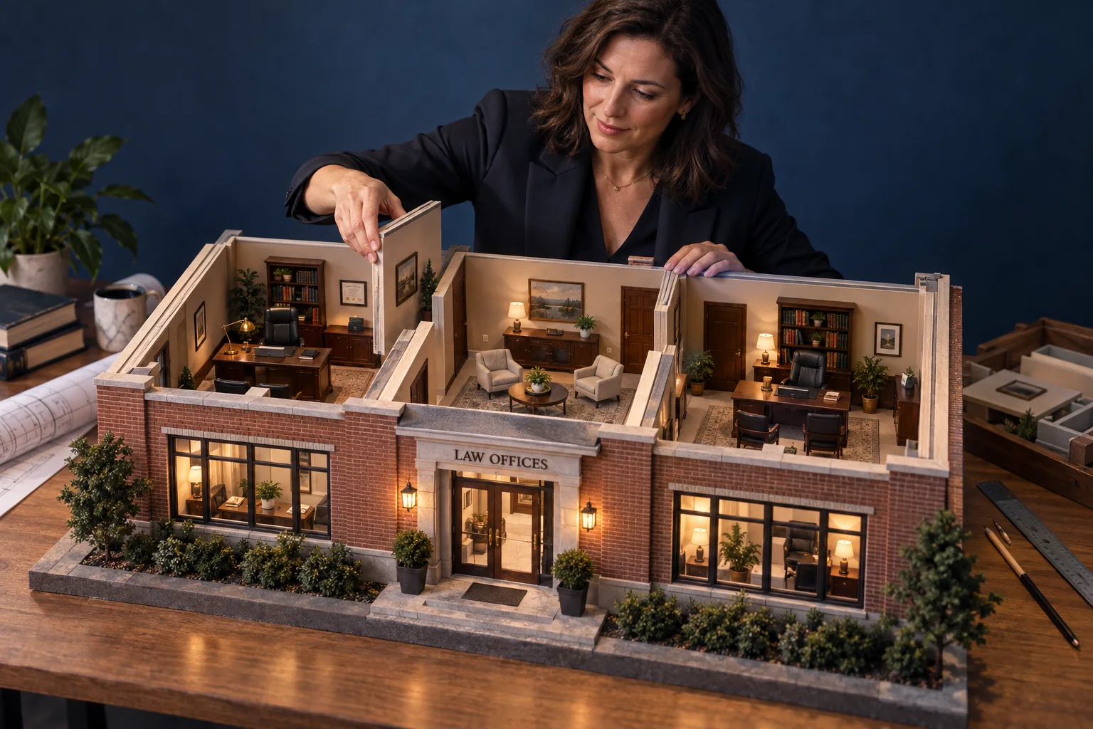 A firm owner places a wall in a detailed architectural model of a law practice.