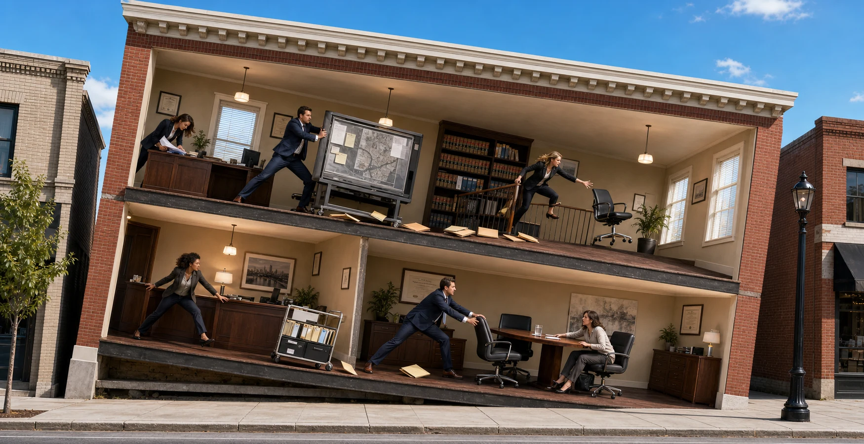 A two-story cutaway of a tilted law office where attorneys and staff brace themselves and catch rolling furniture while legal work continues
