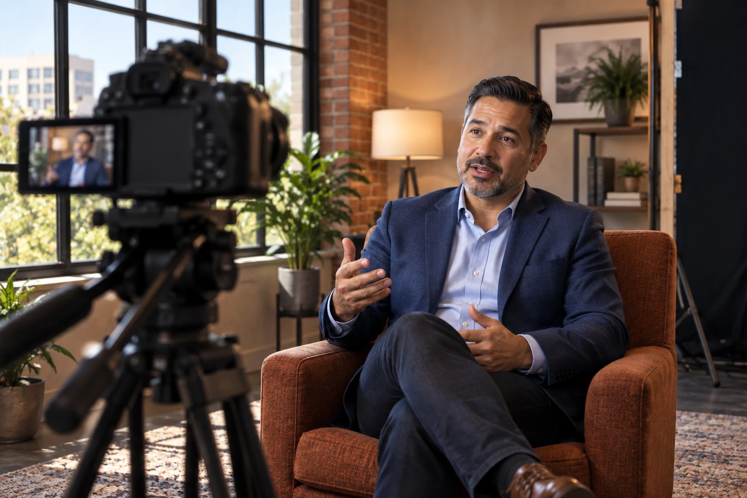 An attorney explains his approach on camera in a warmly lit office.