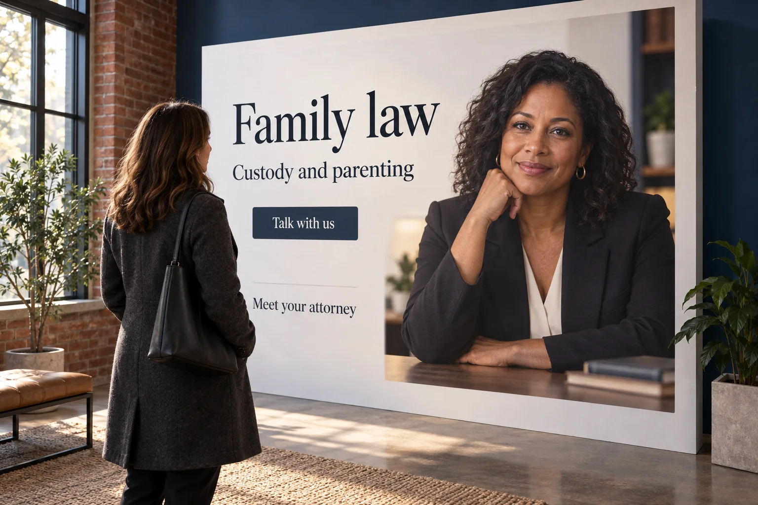 A prospective client studies a practice-area webpage built as a wall-sized physical display.